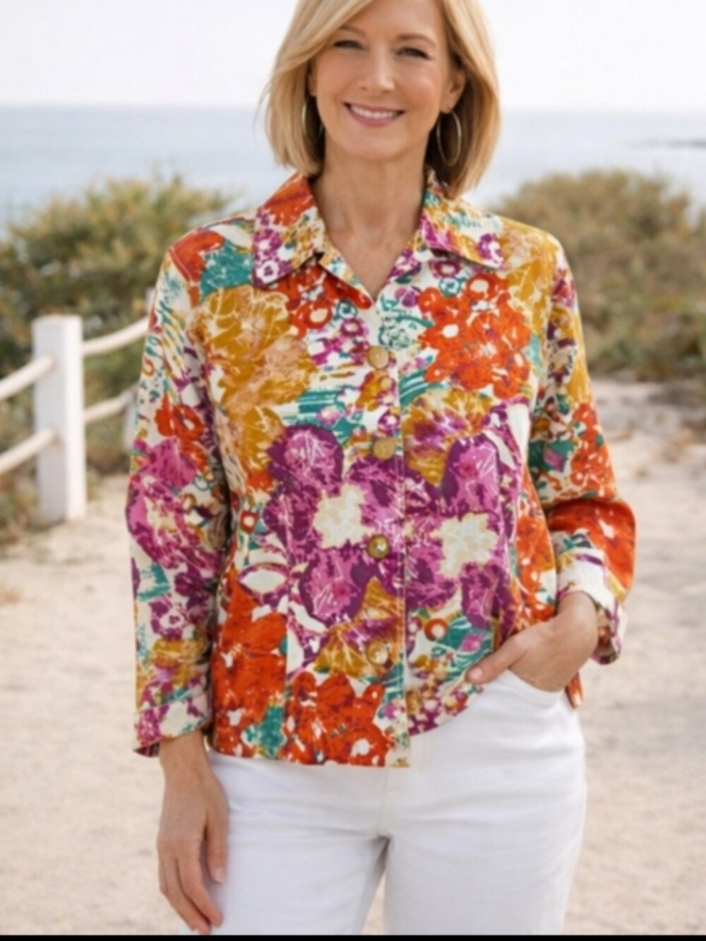 Cottagecore Cotton Colorful Floral Shacket. Button Front Coldwater Creek Sz PL